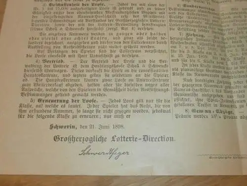 Großherzogliche Mecklenburg - Schwerin Landes - Lotterie 1898 , Plan , Lose und Gewinne , Prospekt  !!