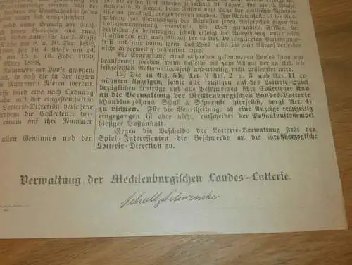 Großherzogliche Mecklenburg - Schwerin Landes - Lotterie 1898 , Plan , Lose und Gewinne , Prospekt  !!