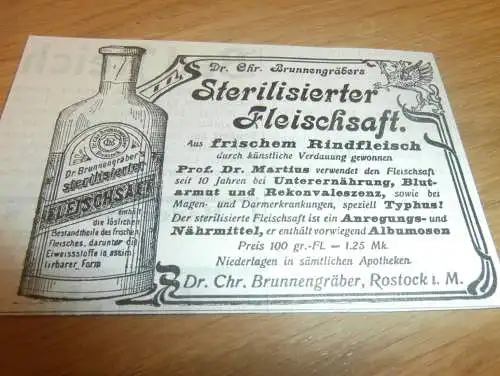 Reklame , Brunnengräbers Fleischsaft , ca. 1890 , Nährmittel , Rostock in Mecklenburg !!