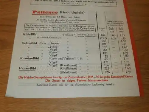 Spielkarten - Fabrik Stralsund / Mecklenburg und Altenburg 1933 Reklame Prospekt , Kartenspiel , Skat , Karten , Werbung