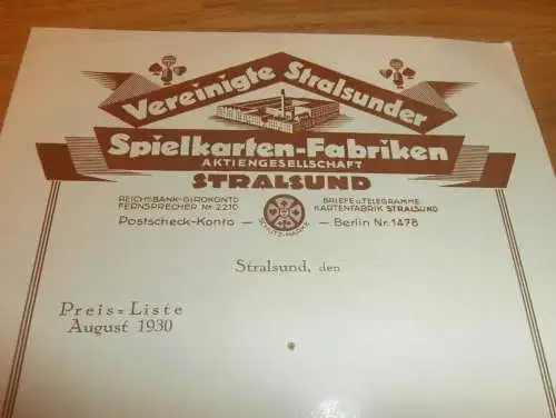 Spielkarten - Fabrik Stralsund i. Mecklenburg 1930, Kartenspiel , Skat , Prospekt , Karten , Reklame / Werbung !!!