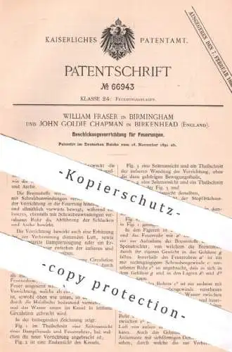 original Patent - William Fraser , Birmingham | John Goldie Chapman , Birkenhead , England 1891 | Dampfkessel beschicken