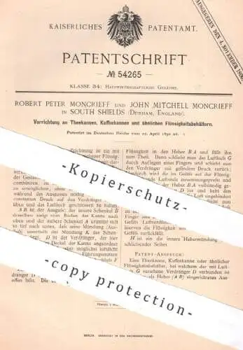 original Patent - Robert Peter & John Mitchell Moncrieff , South Shields , Durham England 1890 , Kanne für Tee o. Kaffee