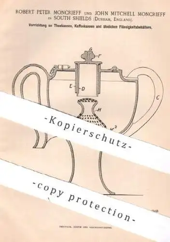 original Patent - Robert Peter & John Mitchell Moncrieff , South Shields , Durham England 1890 , Kanne für Tee o. Kaffee