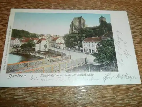 alte AK - Bautzen , 1902 , Nicolairuine mit Brücke , Ansichtskarte !!!