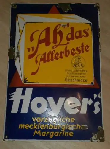 original Emailschild - Hoyer`s - vorzügliche mecklenburgische Margarine - Mecklenburg !!! Reklame / Werbung