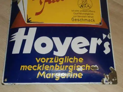 original Emailschild - Hoyer`s - vorzügliche mecklenburgische Margarine - Mecklenburg !!! Reklame / Werbung