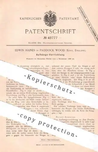 original Patent - Edwin Haines , Paddock Wood , Kent , England , 1888 , Aufhänge - Vorrichtung | Spiegel , Gestell