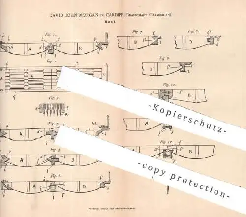 original Patent - David John Morgan , Cardiff , Glamorgan , England , 1890 , Rost | Ofenrost , Roststab , Ofen , Öfen !!