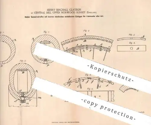 original Patent - Henry Birchall Clayson , Central Hill Upper Norwood Surrey , England | 1890 | Gummi Radreifen | Reifen