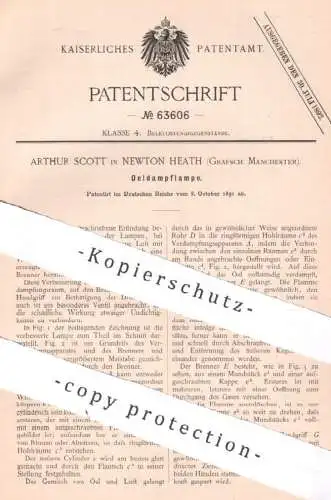 original Patent - Arthur Scott , Newton Heath , Grafsch. Manchester , England , 1891 , Oeldampflampe | Öllampe Öl Lampe