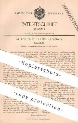 original Patent - Alfred Ellis Harris , London England , 1890 , Lampendocht | Docht , Öllampe , Petroleum , Beleuchtung