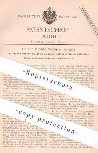 original Patent - Erhard Ludwig Mayer , London , England , 1891 , Mikrophon mit Kohlenelektroden | Mikrofon , Electric