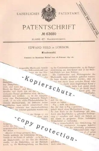 original Patent - Edward Field , London , England , 1891 , Mischventil | Ventil , Ventile , Differential , Maschinen !