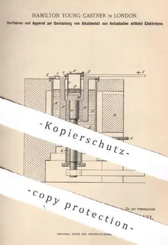 original Patent - Hamilton Young Castner , London , England , 1890 , Darst. von Alkalimetall per Elektrolyse