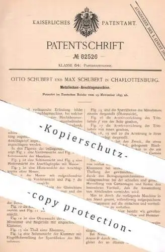 original Patent - Otto & Max Schubert , Berlin / Charlottenburg , 1893 , Metallecken Anschlagmaschine | Karton , Pappe