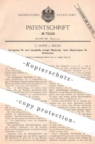 original Patent - C. Hoppe , Berlin , 1893 , Verriegelung für Absperrorgan f. Druckwasser , Dampf , Druckluft | Hebezeug