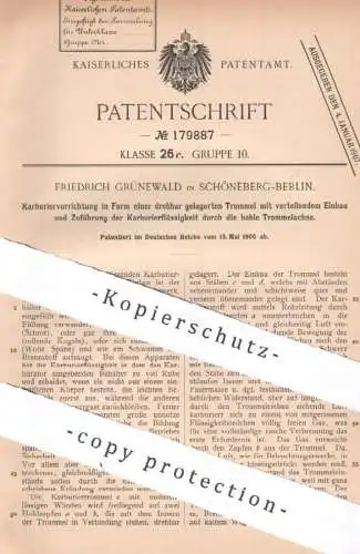 original Patent - Friedrich Grünewald , Berlin Schöneberg , 1905 , Karburiervorrichtung | Karburator Schöpfwerk Trommel