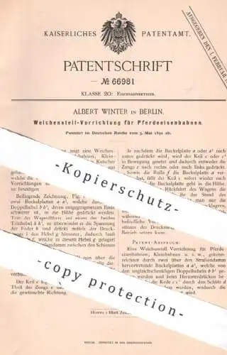 original Patent - Albert Winter , Berlin , 1892 , Weichen - Stellwerk für Pferdeeisenbahnen | Eisenbahn , Pferde , Bahn