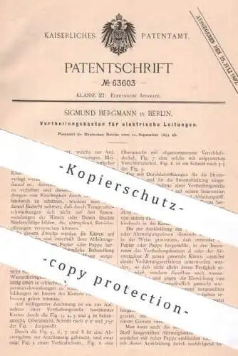 original Patent - Sigmund Bergmann , Berlin , 1891 , Verteilungskasten für Strom - Leitungen | Stromkasten , Elektrik