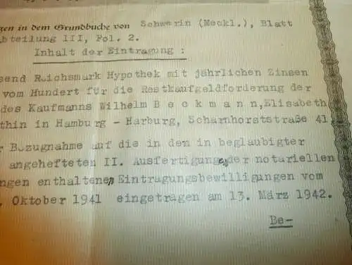 Marie Magerfleisch in Schwerin - Görries , 1942 , E. Beckmann geb. Benthin in Hamburg , Hypothekenbrief Mecklenburg !!!