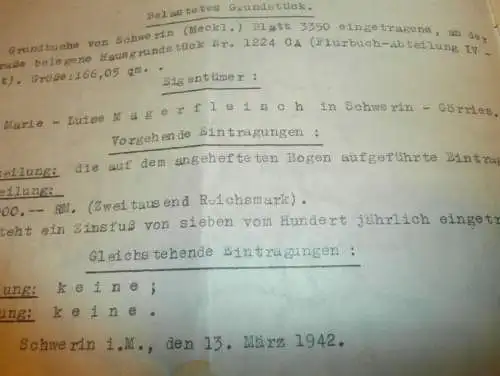 Marie Magerfleisch in Schwerin - Görries , 1942 , E. Beckmann geb. Benthin in Hamburg , Hypothekenbrief Mecklenburg !!!