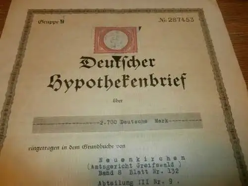 Alma Blank geb. Ohl in Neuenkirchen b. Greifswald , 1949 , Wilhelm Eggert , Hypothekenbrief Mecklenburg !!!