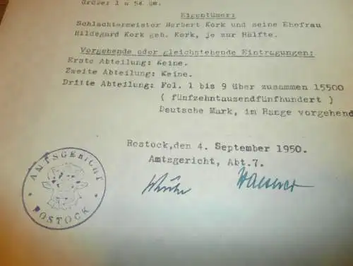 Erika Killinger geb. Höppner in Papendorf , 1950 , Rostock , Hildegard Kork , Hypothekenbrief Mecklenburg !!!