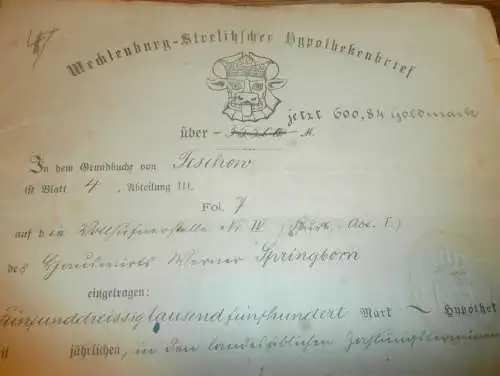 Werner Springborn in Teschow , 1919 - 1930 , Bennin in Schönberg , Stübe in Schwanbeck , Hypothekenbrief Mecklenburg !!!