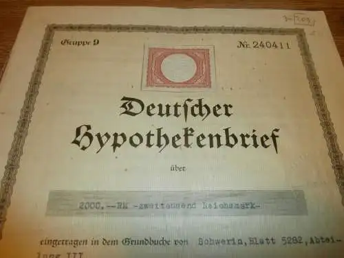 Deutscher Hypothekenbrief 1941 , Leutnant der Schutzpolizei Fritz Rothenhagen in Schwerin ,Gold , Mecklenburg !!