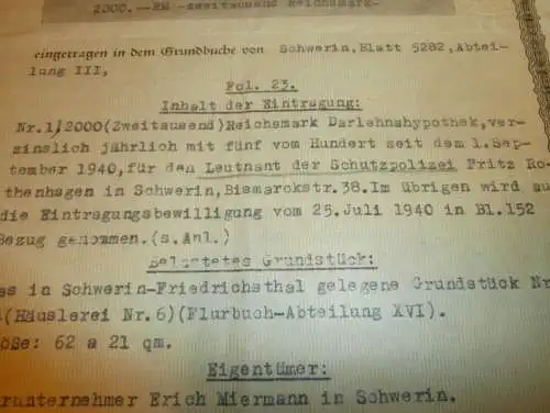 Deutscher Hypothekenbrief 1941 , Leutnant der Schutzpolizei Fritz Rothenhagen in Schwerin ,Gold , Mecklenburg !!