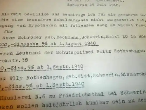 Deutscher Hypothekenbrief 1941 , Leutnant der Schutzpolizei Fritz Rothenhagen in Schwerin ,Gold , Mecklenburg !!