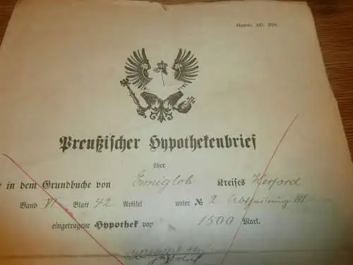 Preußischer Hypothekenbrief , Ennigloh b. Bünde , Kr. Herford 1888-1895 , Johann Hefter , Peter Haubrok , Dr. Weihe !!