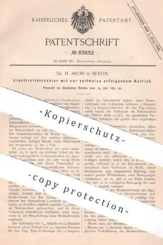 original Patent - Dr. H. Aron , Berlin , 1891 , Elektrizitätszähler | Stromzähler , Strom , Elektriker , Motor