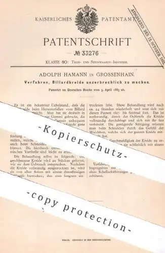 original Patent - Adolph Hamann , Grossenhain 1885 , unzerbrechliche Billardkreide | Billard Kreide | Firniss Schellack