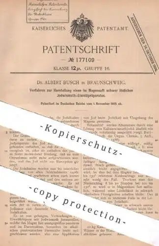 original Patent - Dr. Albert Busch , Braunschweig , 1905 , Herst. von Jodwismuth - Eiweißpräparat | Magensäure | Jod