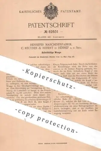 original Patent - Hennefer Maschinenfabrik , C. Reuther & Reisert , Hennef a. d. Sieg | 1894 | Waage , Waagen , Wiegen