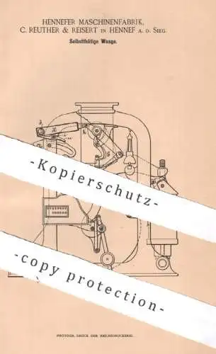 original Patent - Hennefer Maschinenfabrik , C. Reuther & Reisert , Hennef a. d. Sieg | 1894 | Waage , Waagen , Wiegen