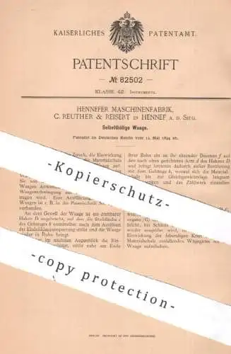 original Patent - Hennefer Maschinenfabrik , C. Reuther & Reisert , Hennef / Sieg | 1894 | Waage , Waagen | Wiegen