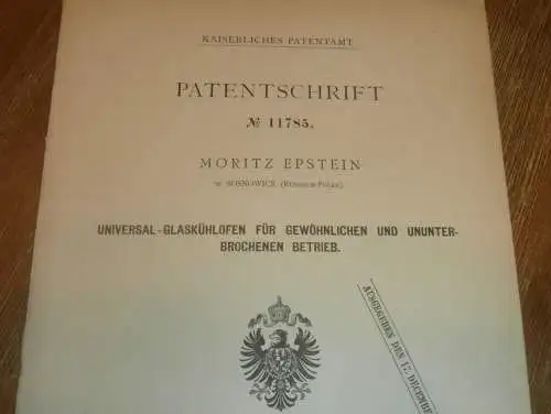 original Patent - Moritz Epstein in Sosnowice i. Polen , 4.03.1880 , Glasofen , Glas , Russland !!