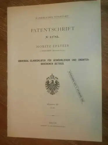 original Patent - Moritz Epstein in Sosnowice i. Polen , 4.03.1880 , Glasofen , Glas , Russland !!