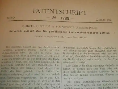 original Patent - Moritz Epstein in Sosnowice i. Polen , 4.03.1880 , Glasofen , Glas , Russland !!