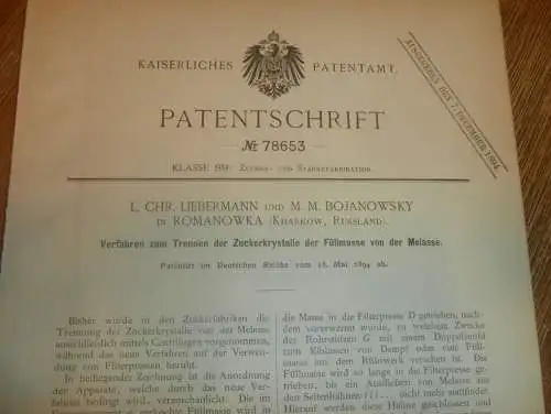 original Patent - Chr. Liebermann , M. Bojanowsky in Romanowka /Charkow ,16.05.1894 , Apparat für Zuckerfabrik Russland