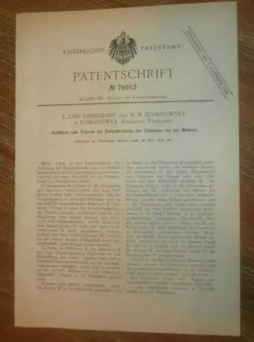 original Patent - Chr. Liebermann , M. Bojanowsky in Romanowka /Charkow ,16.05.1894 , Apparat für Zuckerfabrik Russland