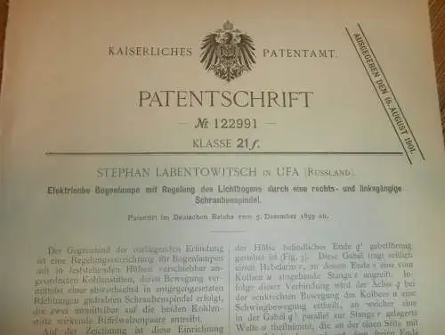 original Patent - Stephan Labentowitsch in Ufa , 5.12.1899 , elektrische Bogenlampe , Lampe , Russland !!