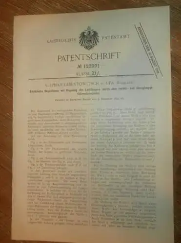 original Patent - Stephan Labentowitsch in Ufa , 5.12.1899 , elektrische Bogenlampe , Lampe , Russland !!