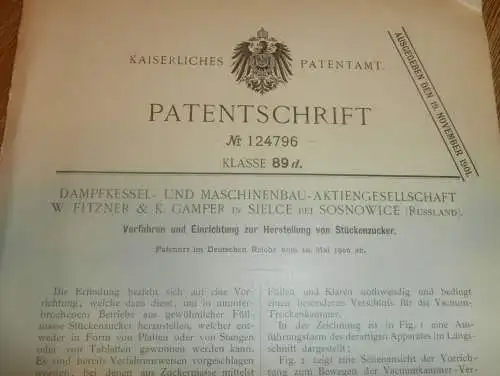 original Patent - W. Fitzner & K. Gamper in Sielce b. Sosnowice , 10.05.1900 , Zucker , Würfelzucker , Russland !!