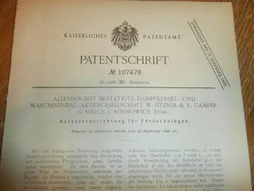 original Patent - W. Fitzner & K. Gamper in Sielce b. Sosnowice , 18.09.1898, Spinnmaschine , Russland !!