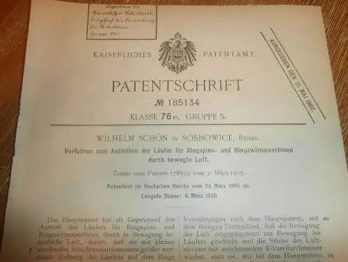 original Patent - Wilhelm Schön in Sosnowice , 24.03.1905 , Spinnmaschine , Russland !!