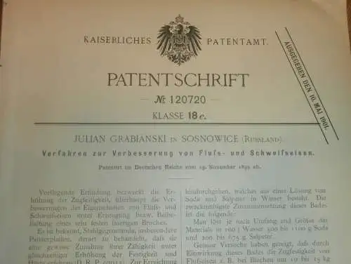 original Patent - Julian Grabianski in Sosnowice , 29.11.1899 , Fluß- und Schweißeisen , Russland !!